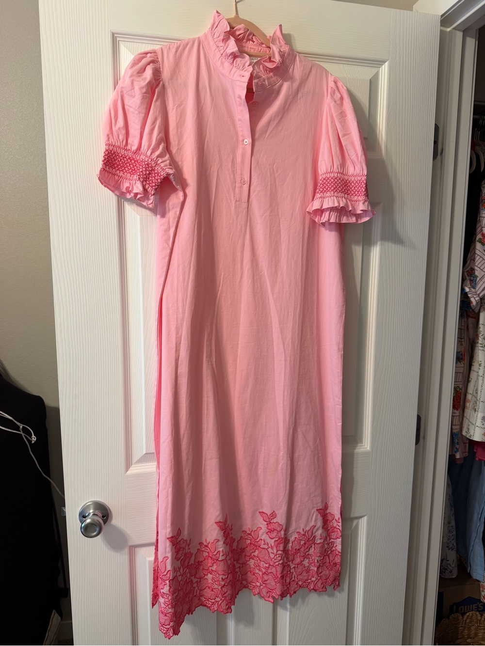Women's Pink Midi Dress with Embroidered Hem